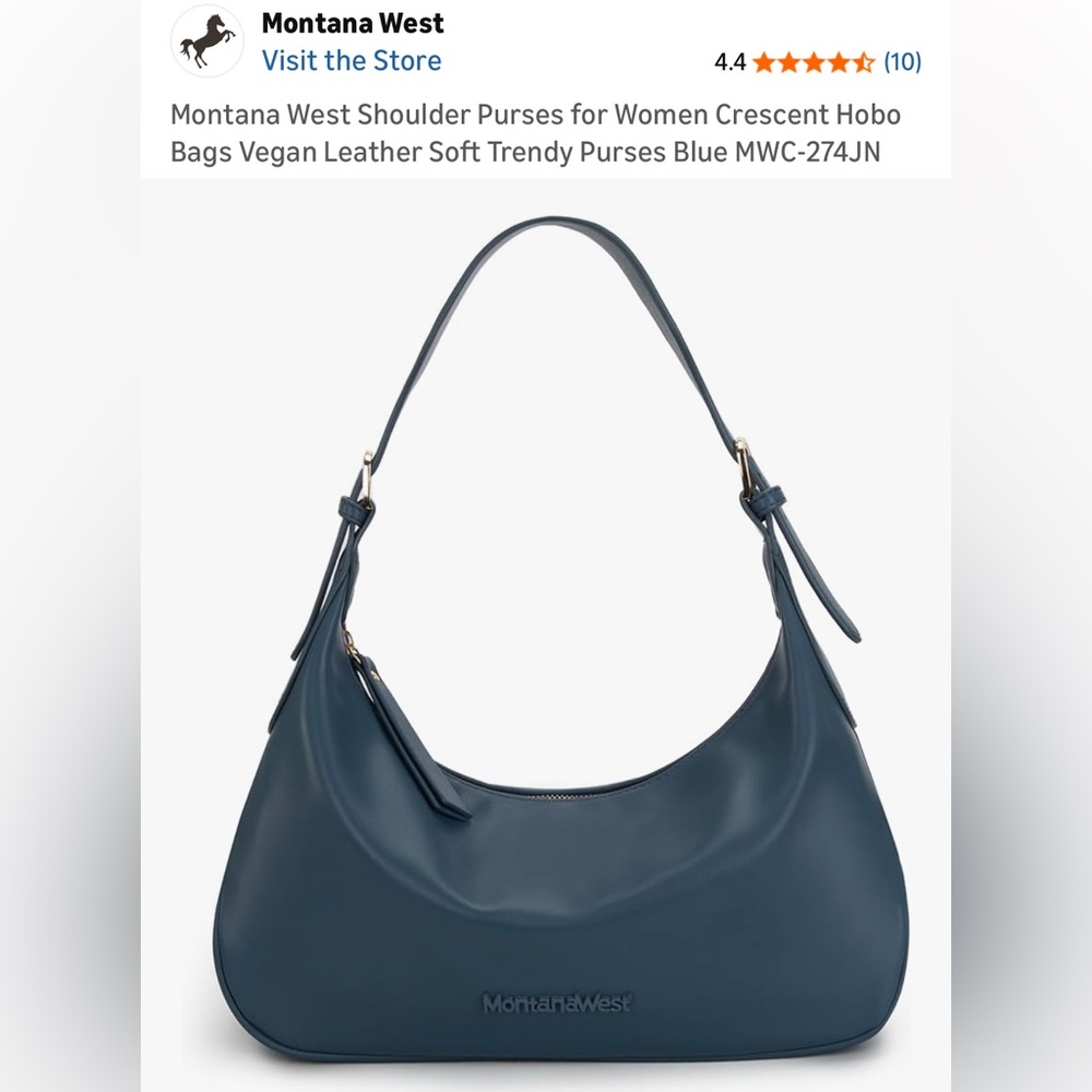 NWOT Montana West Shoulder Purse, Crescent Hobo Bag, Vegan Leather, Blue